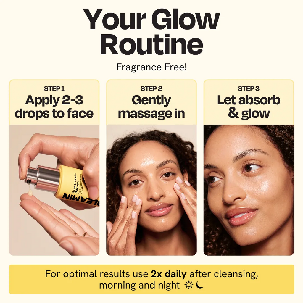 Superactive Serum glow routine with silver pump bottle and serum application
