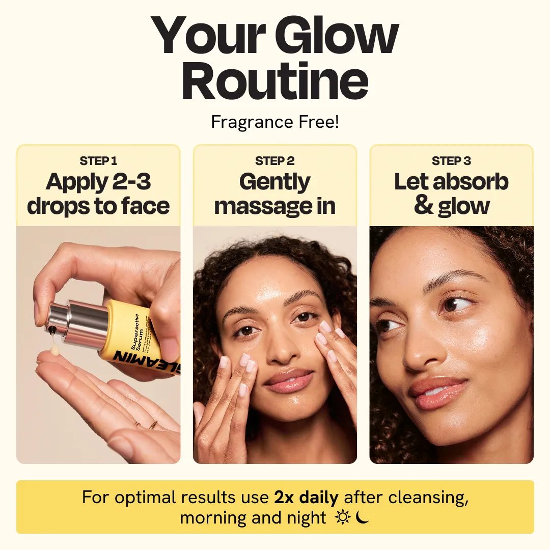 Superactive Serum glow routine with silver pump bottle and serum application