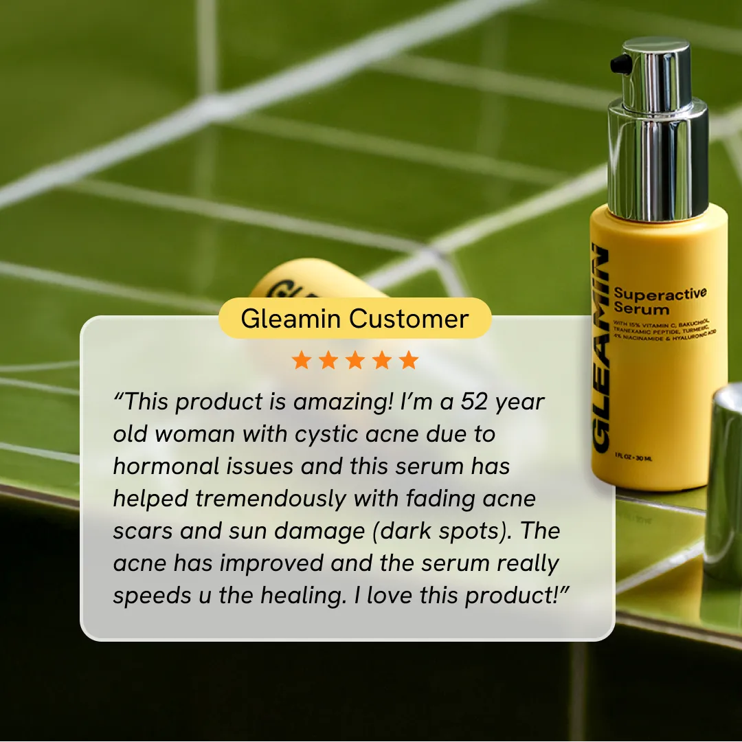 Gleamin Superactive Serum yellow bottle with chrome pump dispenser