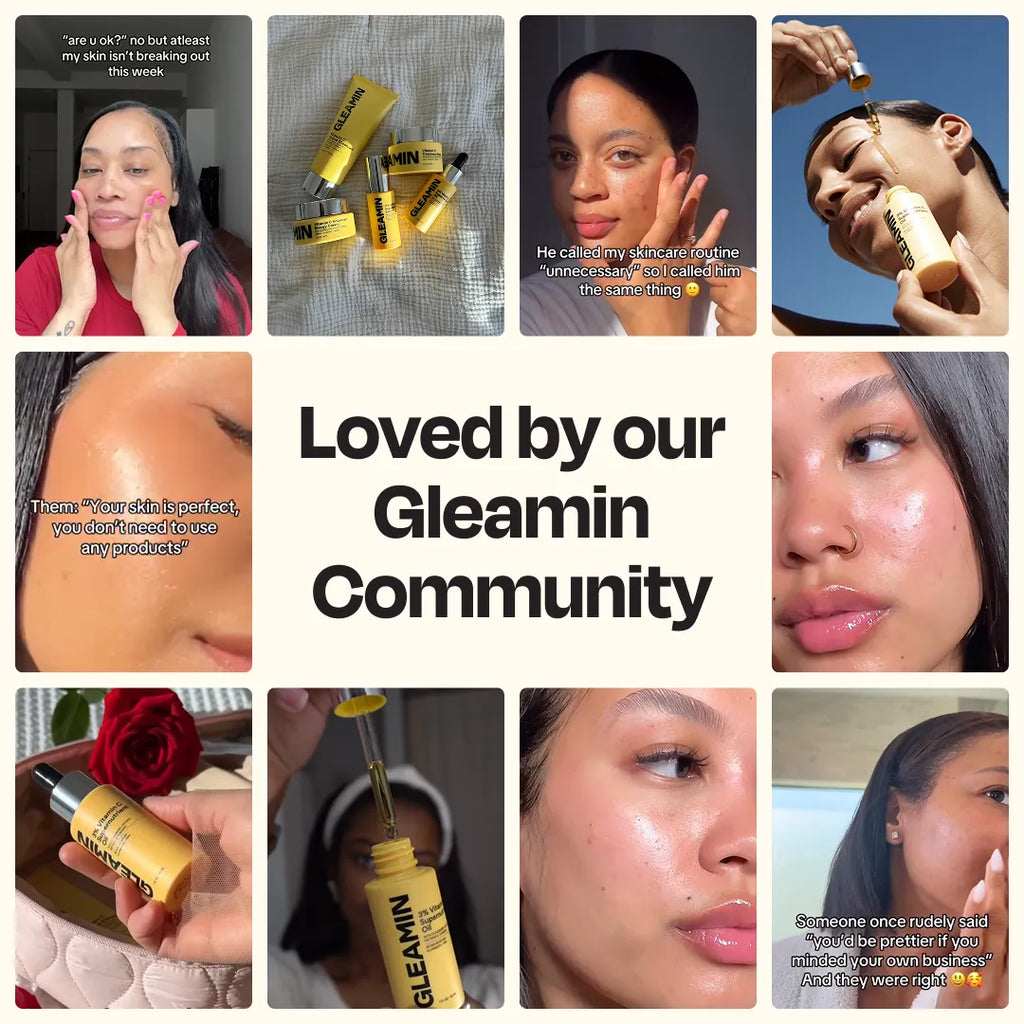 Skincare oil bottle with black dropper featured in a community lifestyle collage
