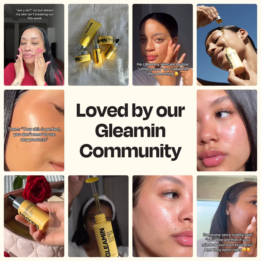 Skincare oil bottle with black dropper featured in a community lifestyle collage