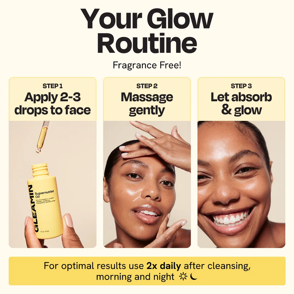Skincare routine graphic showing oil dropper bottle, application and glow