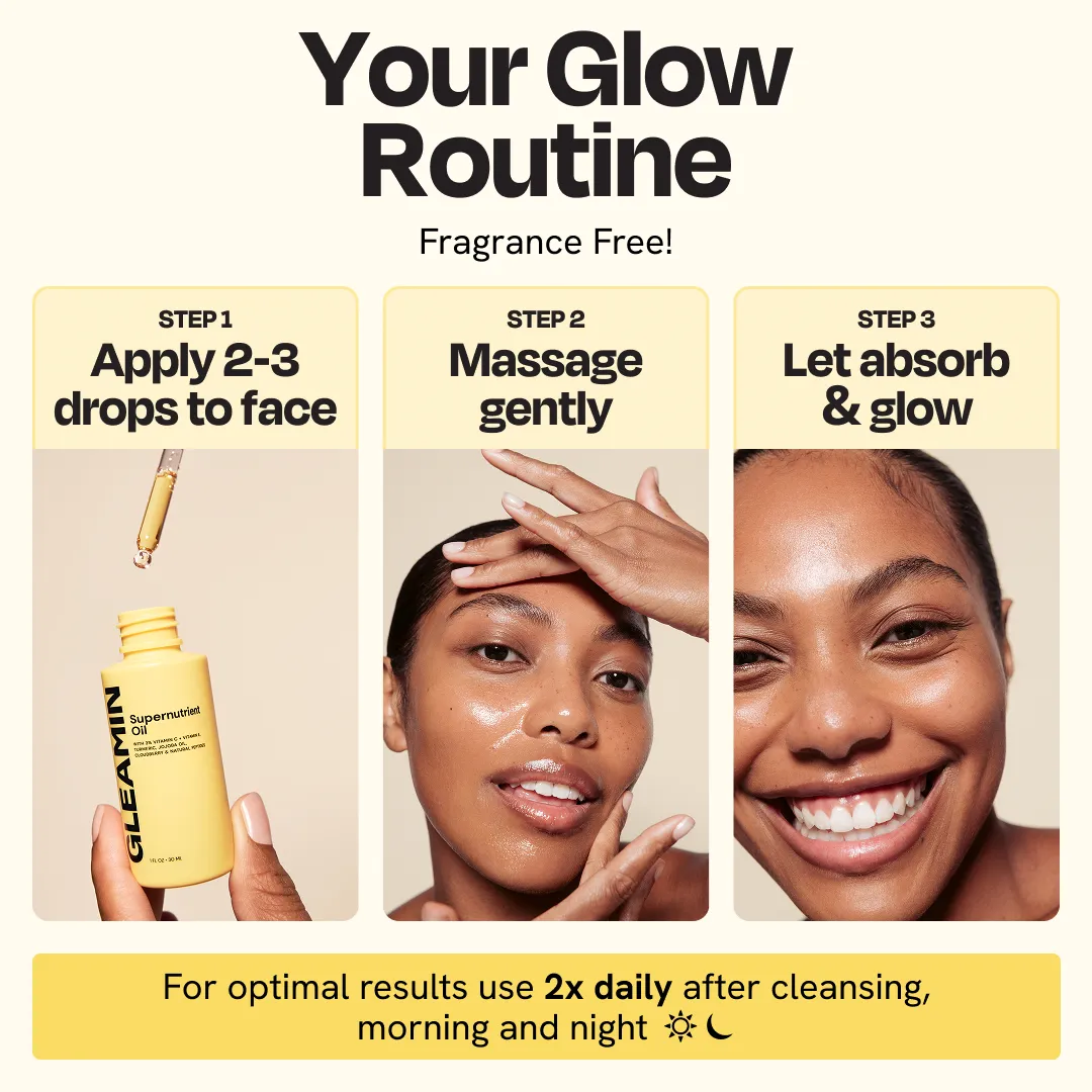 Skincare routine graphic showing oil dropper bottle, application and glow