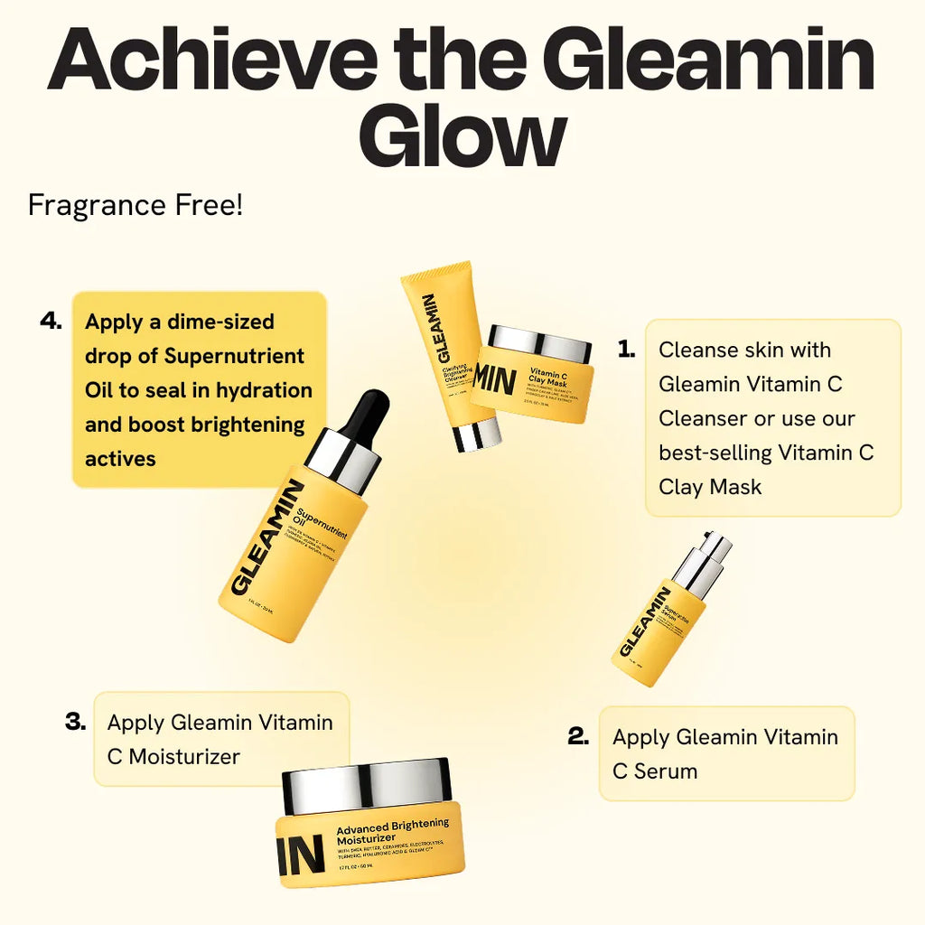 Gleamin Supernutrient Oil bottle with black dropper, yellow glass