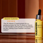 Gleamin Supernutrient Oil bottle with dropper, yellow label and glass
