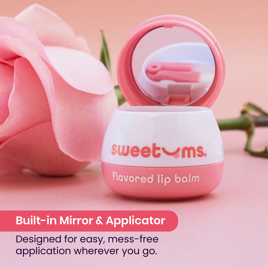 Pink Sweetums lip balm container with open built-in mirror and applicator