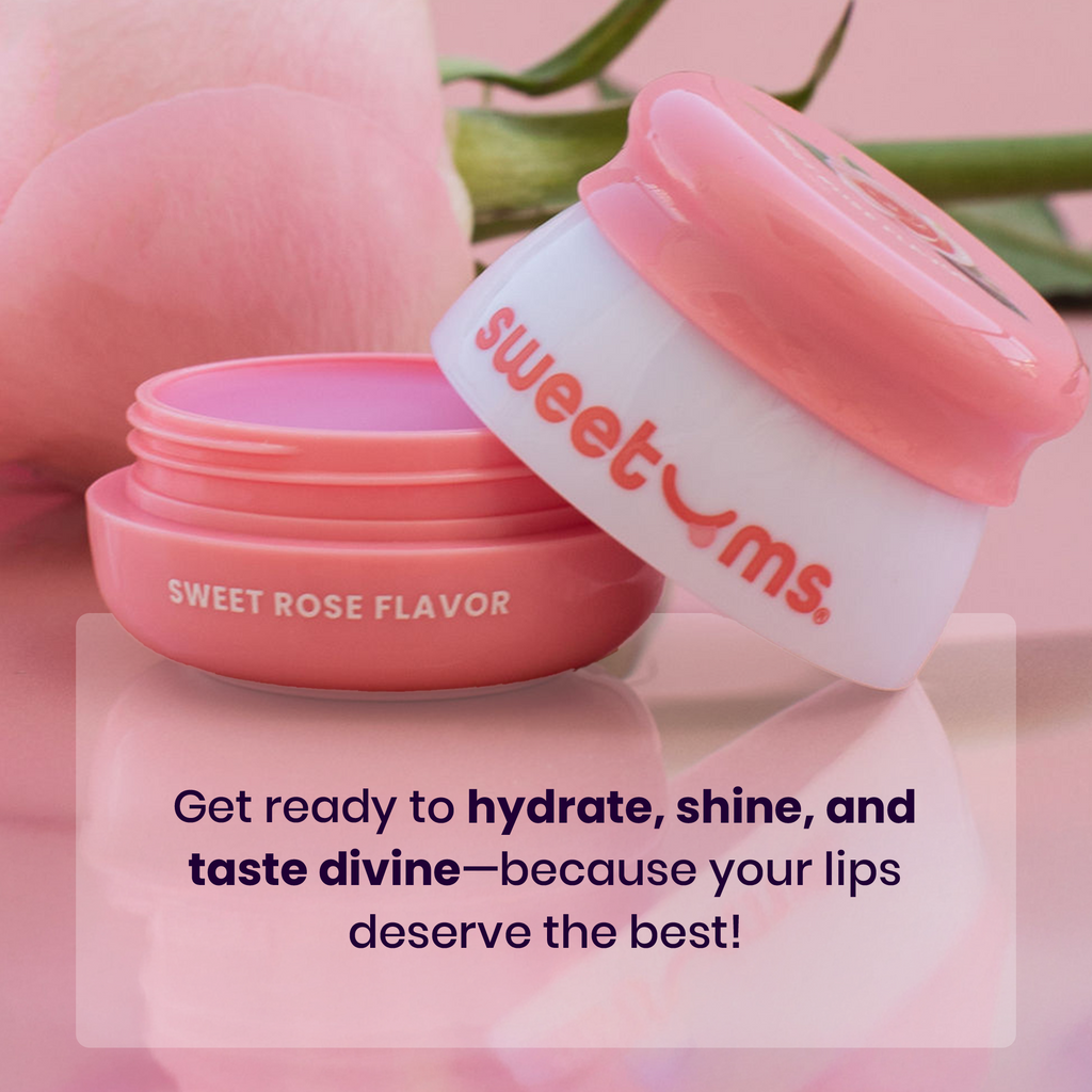 Sweet rose lip balm jars with pink lids stacked, one jar open