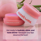 Sweet rose lip balm jars with pink lids stacked, one jar open
