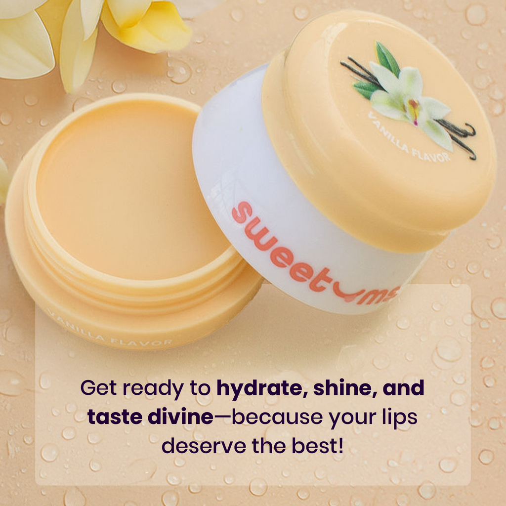 Sweetums vanilla flavored lip balm jar open, pale beige balm and flowers