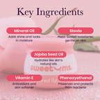 Sweetums lip balm ingredient highlights: mineral oil, stevia, jojoba, vitamin E