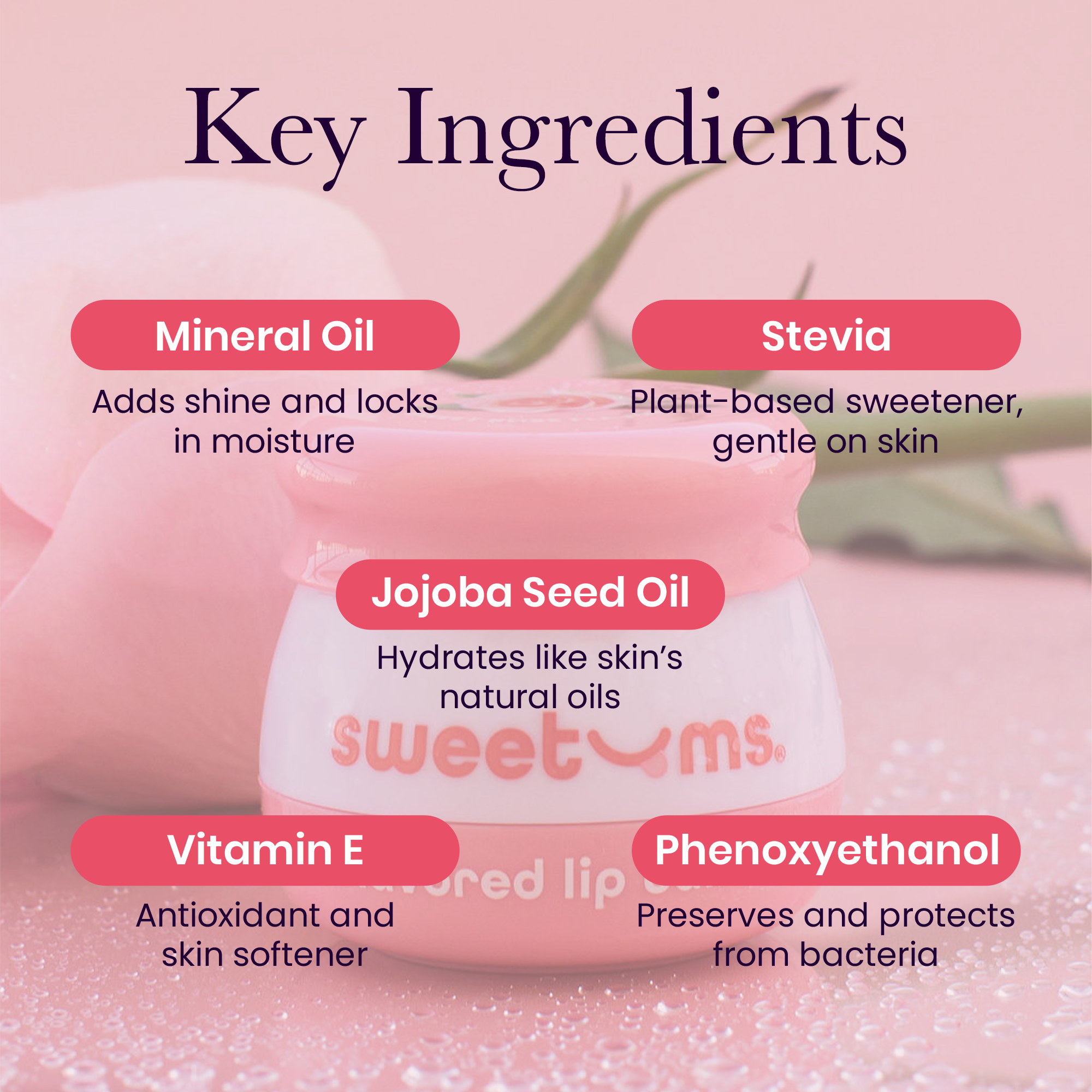 Sweetums lip balm ingredient highlights: mineral oil, stevia, jojoba, vitamin E
