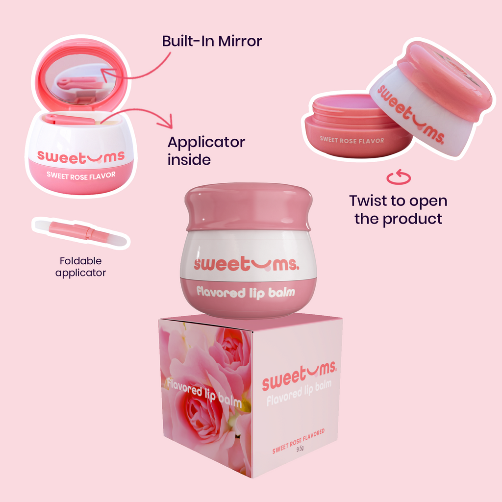 Sweetums lip balm jar with built-in mirror and folding applicator; twist to open
