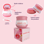 Sweetums lip balm jar with built-in mirror and folding applicator; twist to open