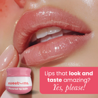 Sweetums flavored lip balm with glossy lips and small pink balm jar