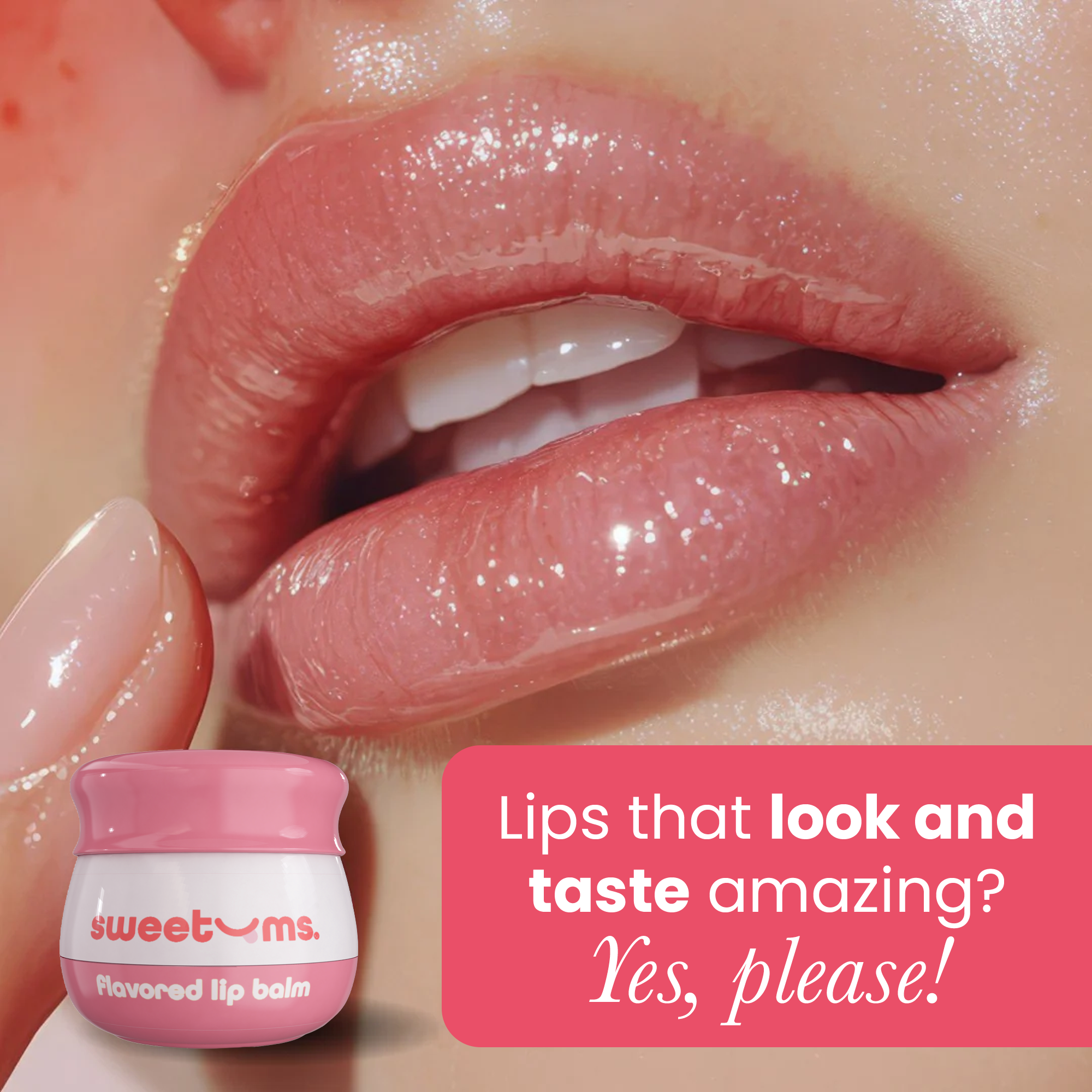 Sweetums flavored lip balm with glossy lips and small pink balm jar