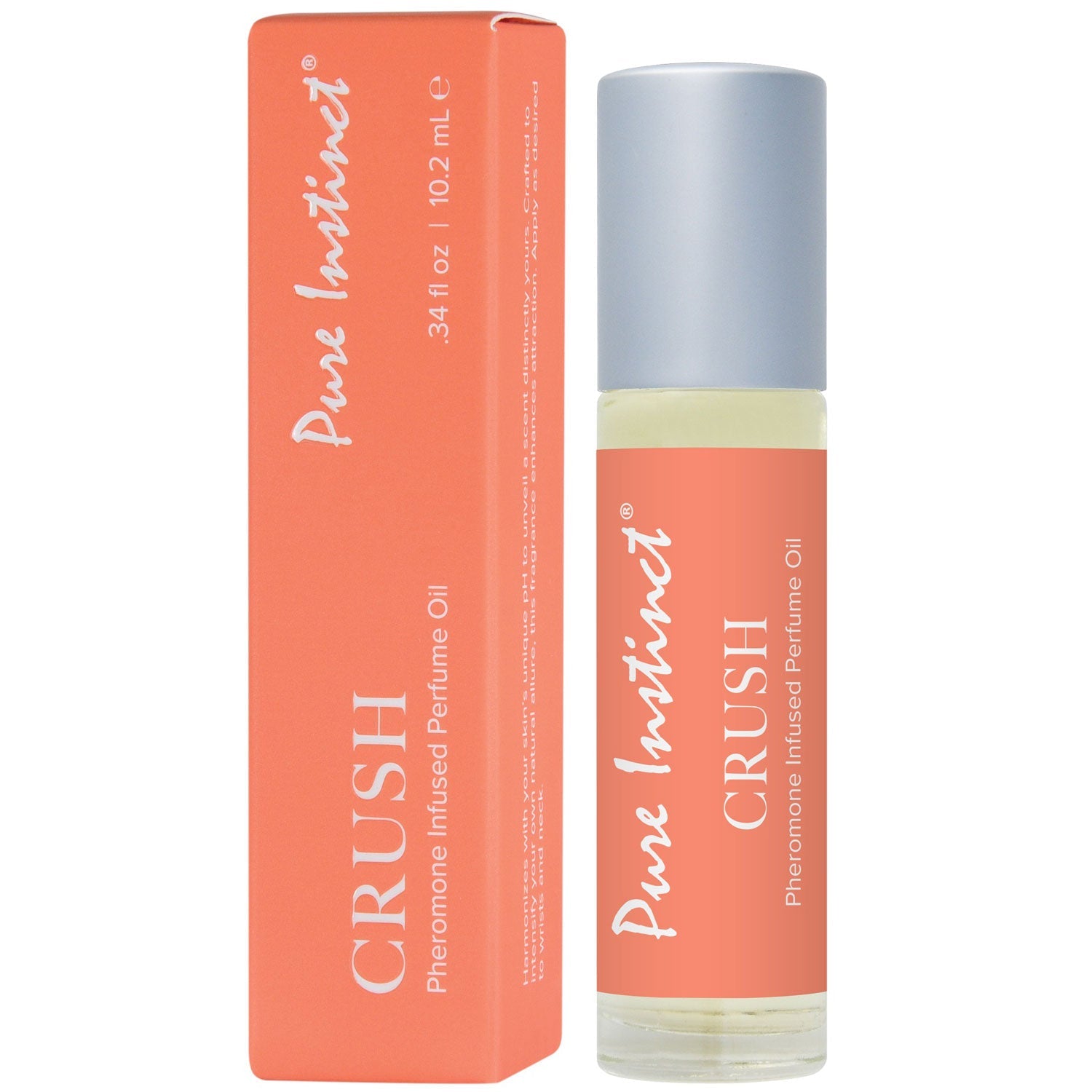 Pheromone roll-on perfume bottle with orange label next to matching box