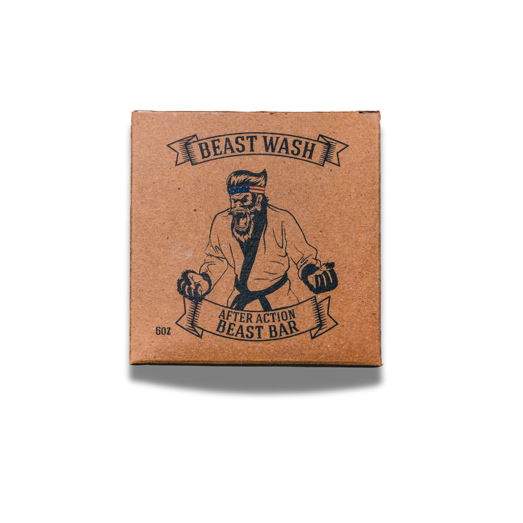 Beast Wash cardboard box with bearded fighter illustration and After Action Beast Bar banner