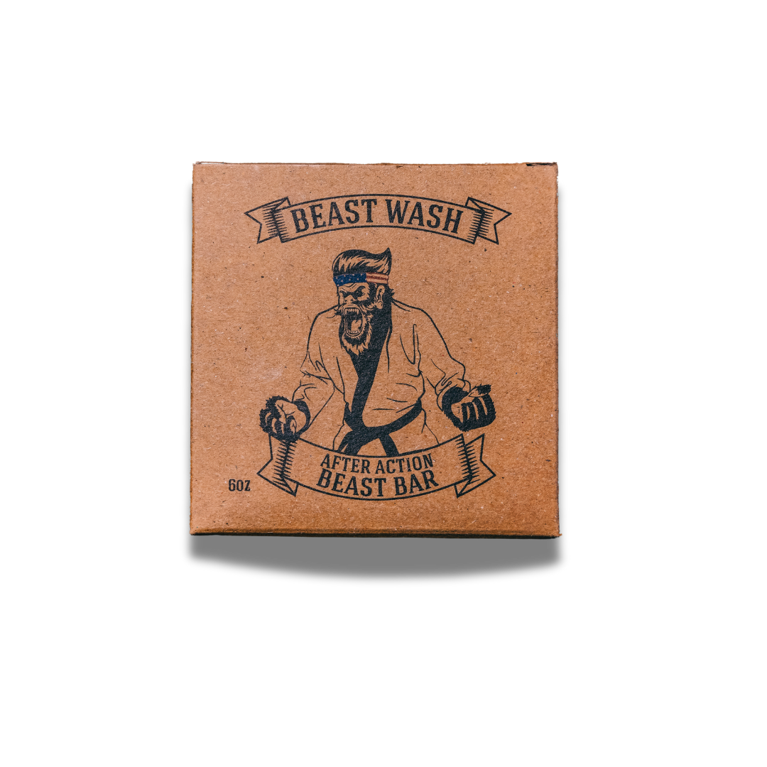 Beast Wash cardboard box with bearded fighter illustration and After Action Beast Bar banner