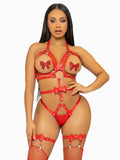 Red vegan leather O-ring harness lingerie with center O-ring, bow accents, front view