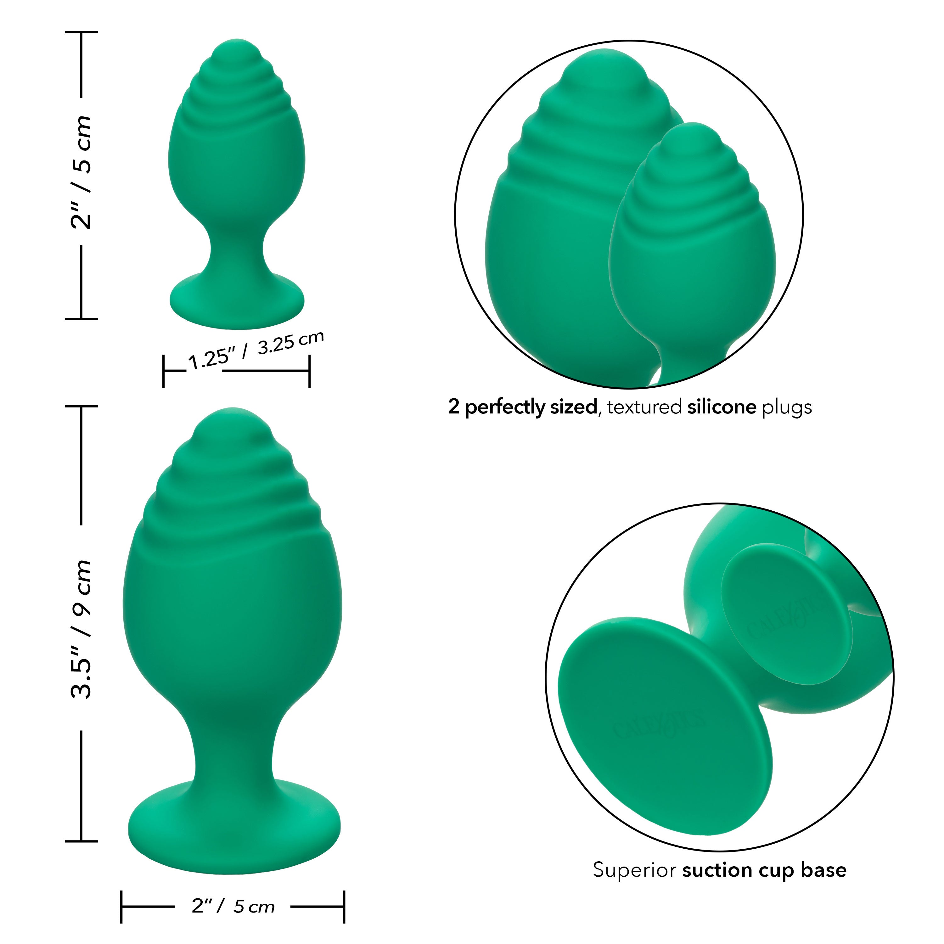 Green silicone anal plug with ribbed design and suction base (diagram)