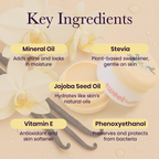 Sweetums vanilla flavored lip balm key ingredients graphic with vanilla