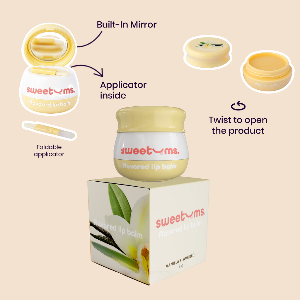 Sweetums vanilla flavored lip balm jar with built-in mirror and applicator