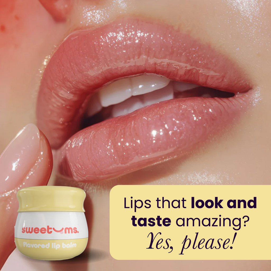 Sweetums vanilla flavored lip balm on glossy lips with balm jar