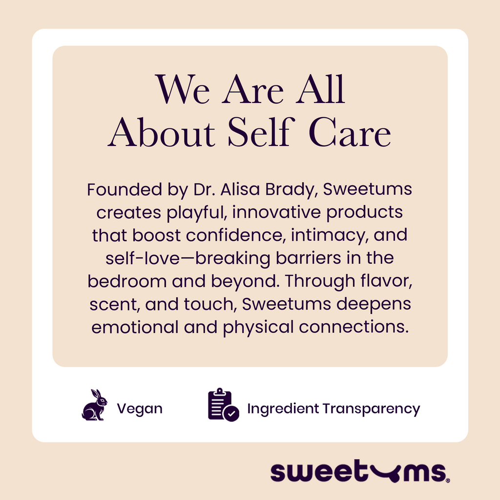 Sweetums self-care info card with vegan icon and ingredient transparency icon