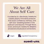 Sweetums self-care info card with vegan icon and ingredient transparency icon