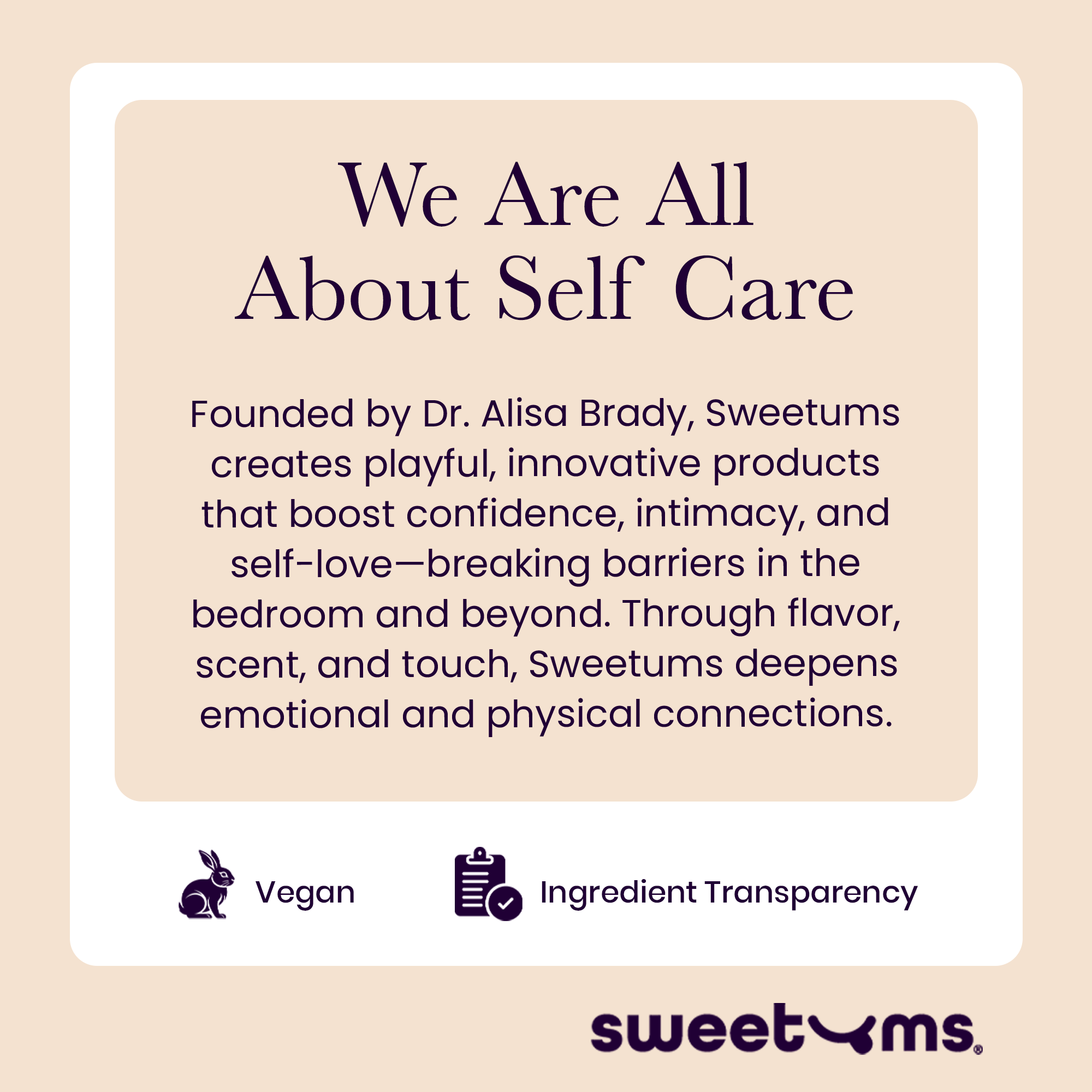 Sweetums self-care info card with vegan icon and ingredient transparency icon