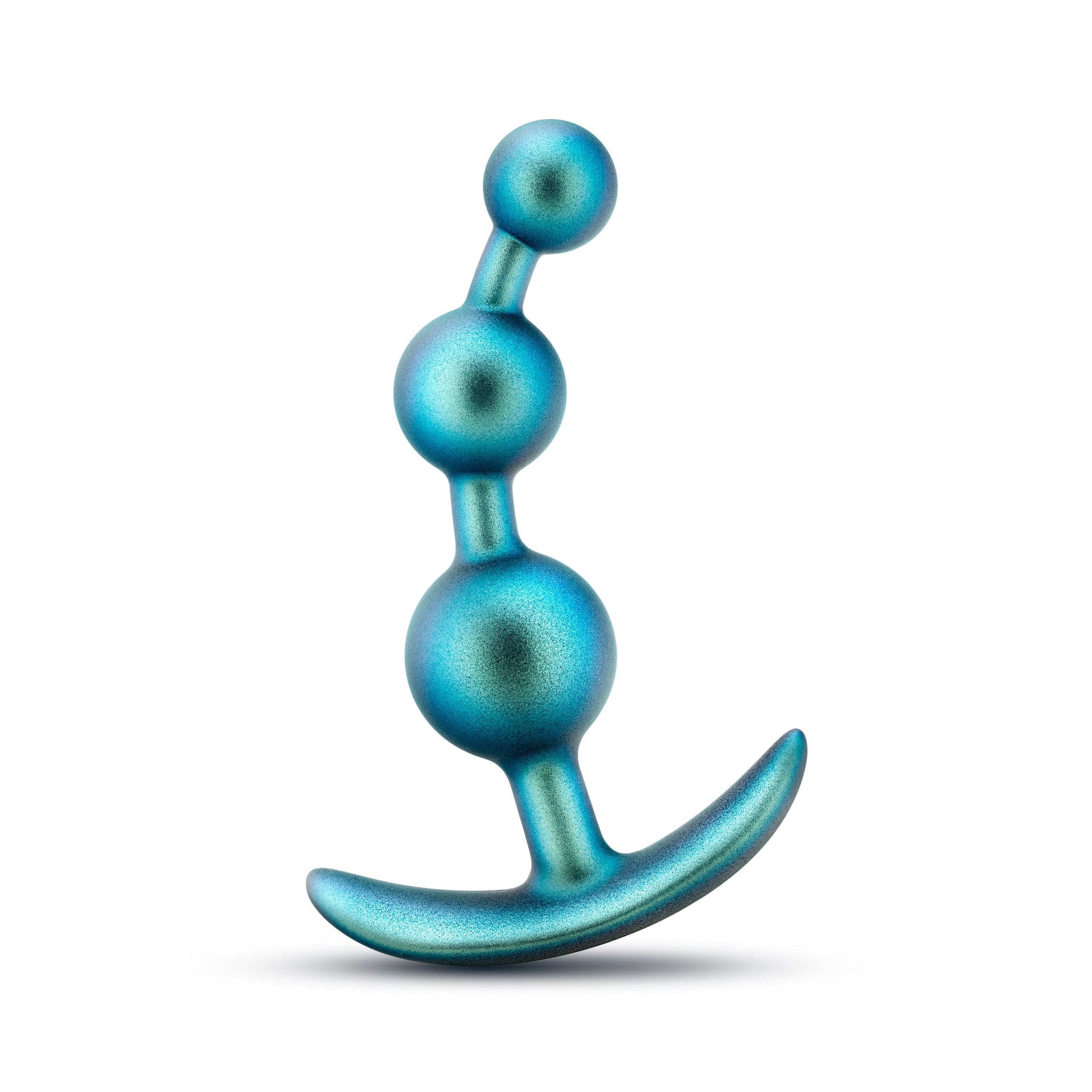Teal metallic silicone anal plug with three rounded beads and curved tail