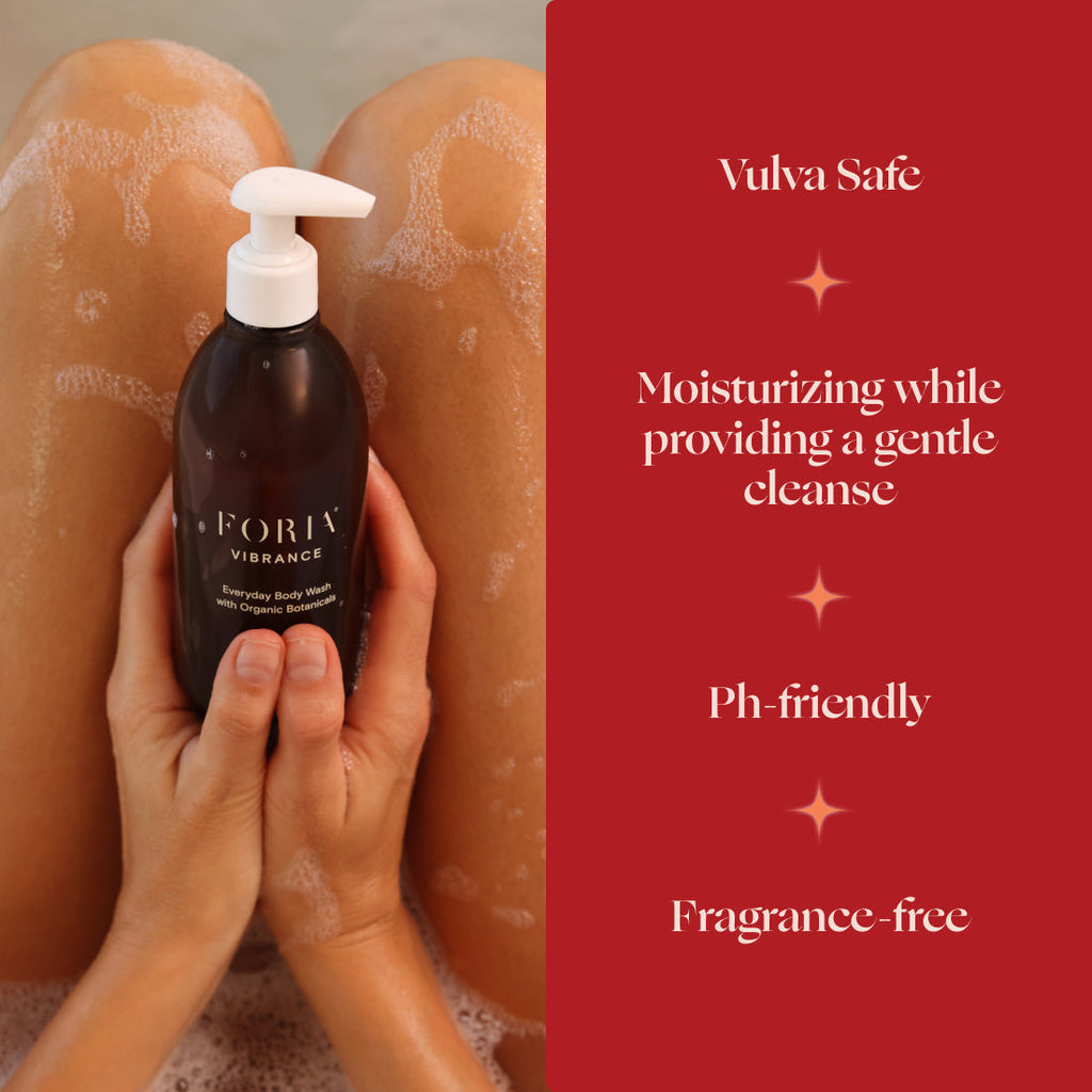 FORIA Vibrance body wash pump bottle held in hands with foamy lather