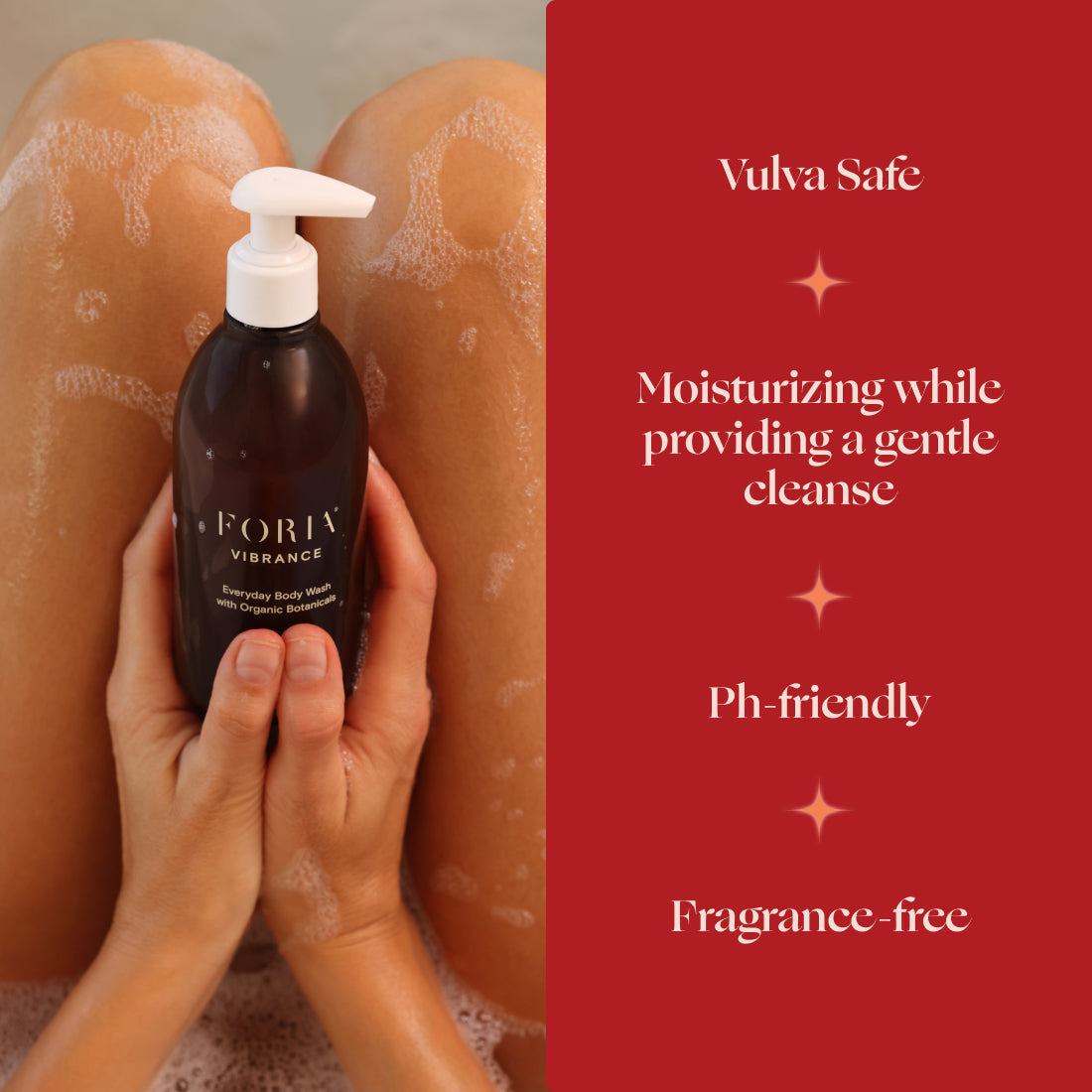 FORIA Vibrance body wash pump bottle held in hands with foamy lather