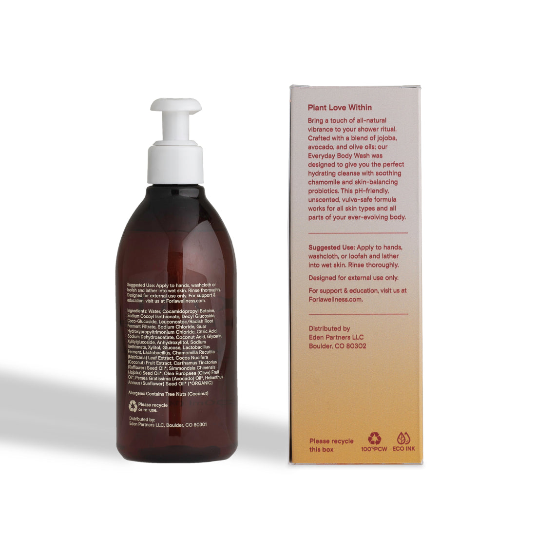 FORIA Vibrance body wash pump bottle and carton, back labels visible