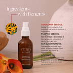 Vulva moisturizer bottle shown with ingredients callout panel and sunflower imagery