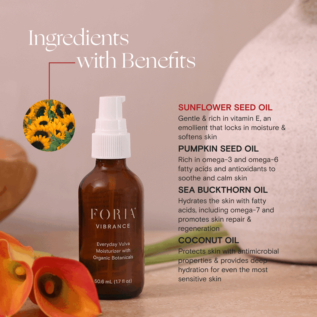 Vulva moisturizer bottle shown with ingredients callout panel and sunflower imagery