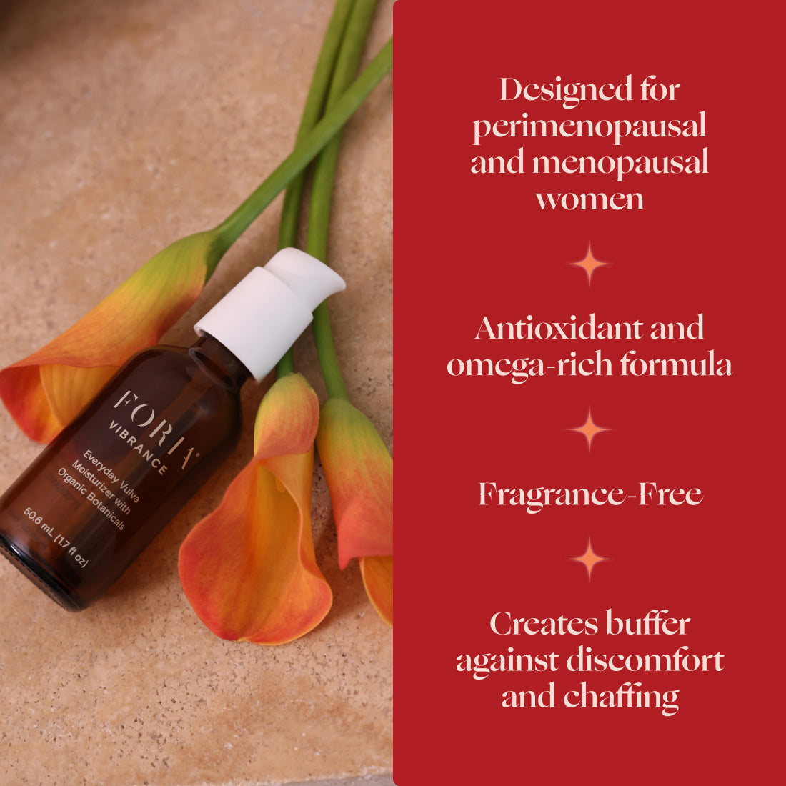 Vulva moisturizer bottle near orange and green flowers, with red box side panel