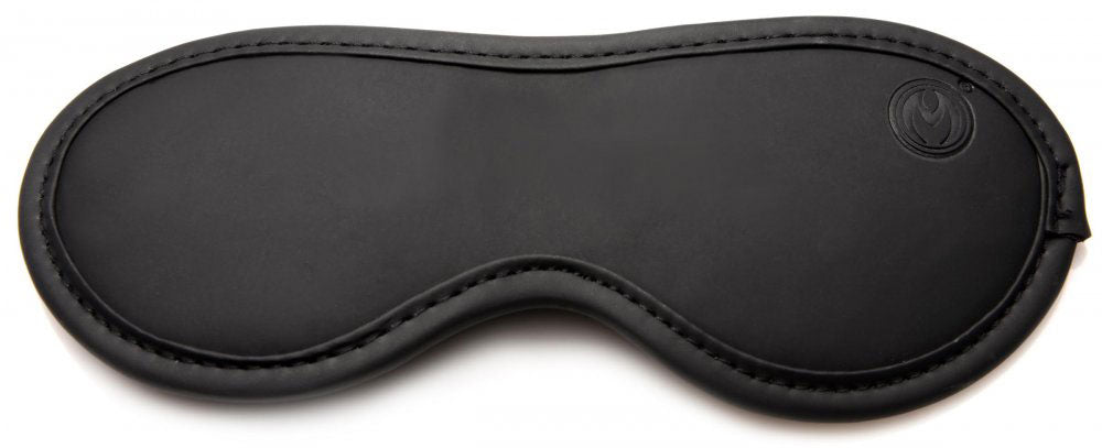 Black leather-like blindfold with curved eye opening and stitched trim