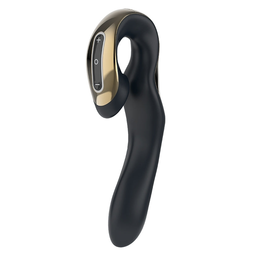 Curved black vibrator with oval buttons and central loop for insertion
