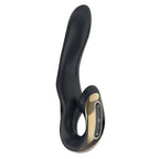 Black waterproof vibrator with oval control panel and soft curved handle