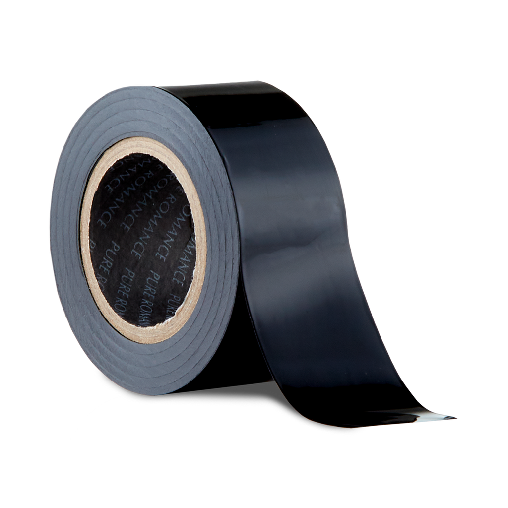Self-adhesive tape roll with dark gray strip, wound on a visible inner core