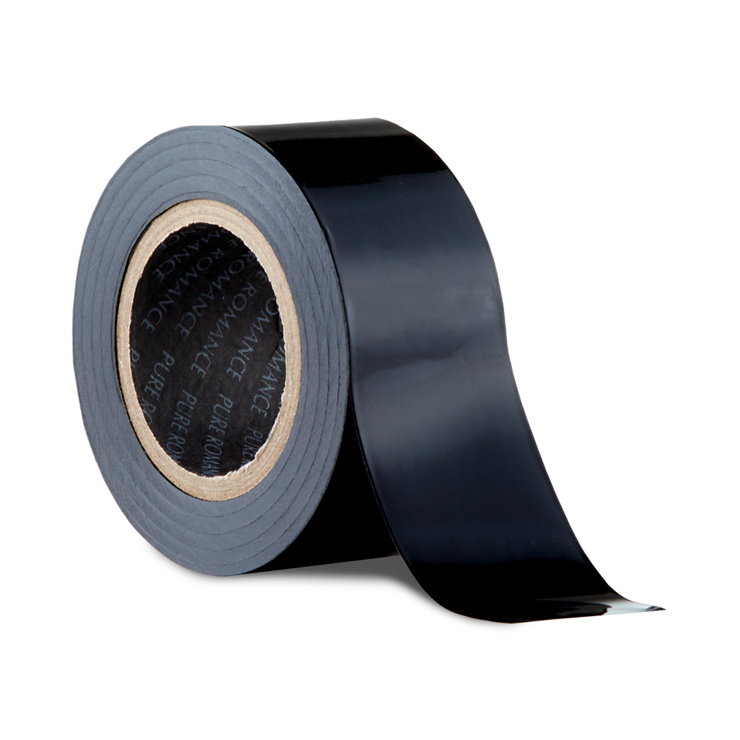 Self-adhesive tape roll with dark gray strip, wound on a visible inner core
