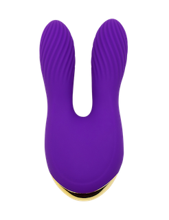 Purple rabbit-shaped silicone toy, front view with open center and rounded base