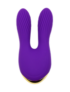 Purple rabbit-shaped silicone toy, front view with open center and rounded base