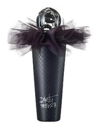 Dark perfume bottle with clear cap and black tulle bow