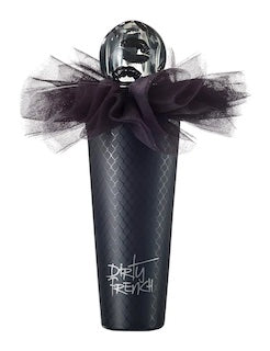 Dark perfume bottle with clear cap and black tulle bow