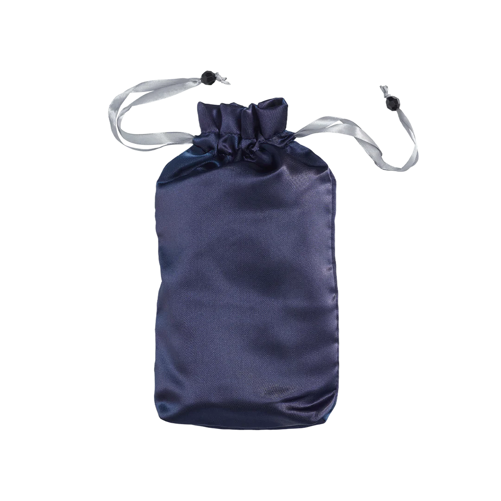 Dark navy satin toy tote pouch with gathered top and silver-tone drawstrings