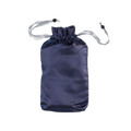 Dark navy satin toy tote pouch with gathered top and silver-tone drawstrings