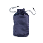 Dark navy satin toy tote pouch with gathered top and silver-tone drawstrings