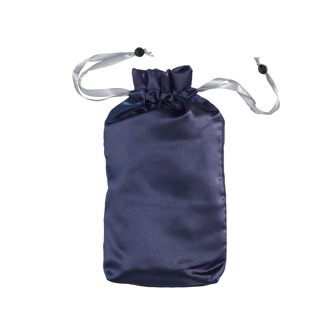 Dark navy satin toy tote pouch with gathered top and silver-tone drawstrings